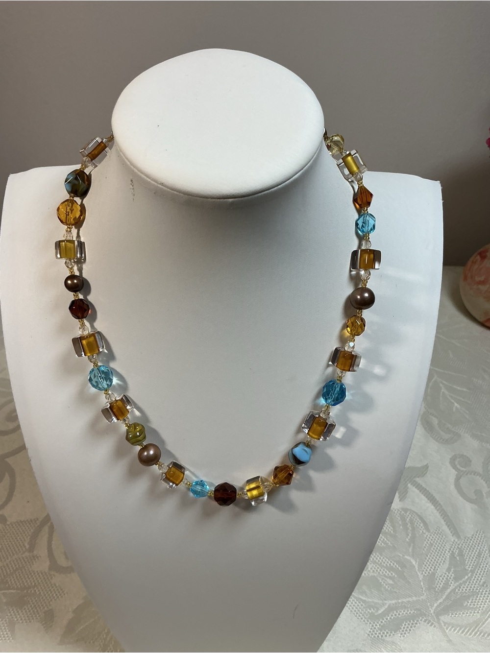 Amber, Blue & Gold Art Glass Bead Station Antique Gold Tone Necklace